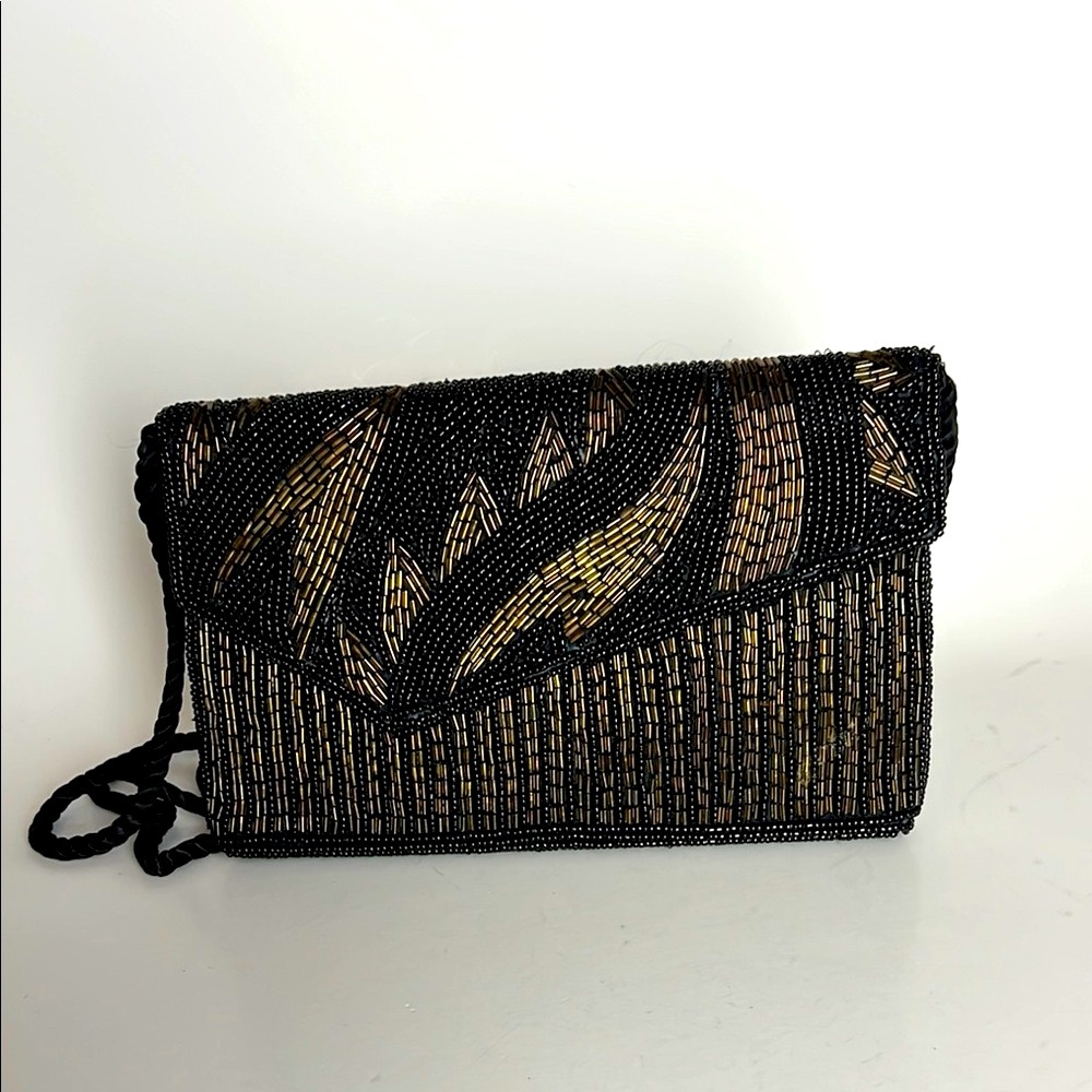 Vintage Seed Bead Black and Gold Beaded Clutch Purse Evening bag